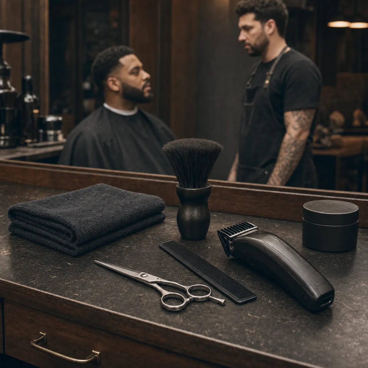 Prepared grooming workstation with barber and seated client during consultation