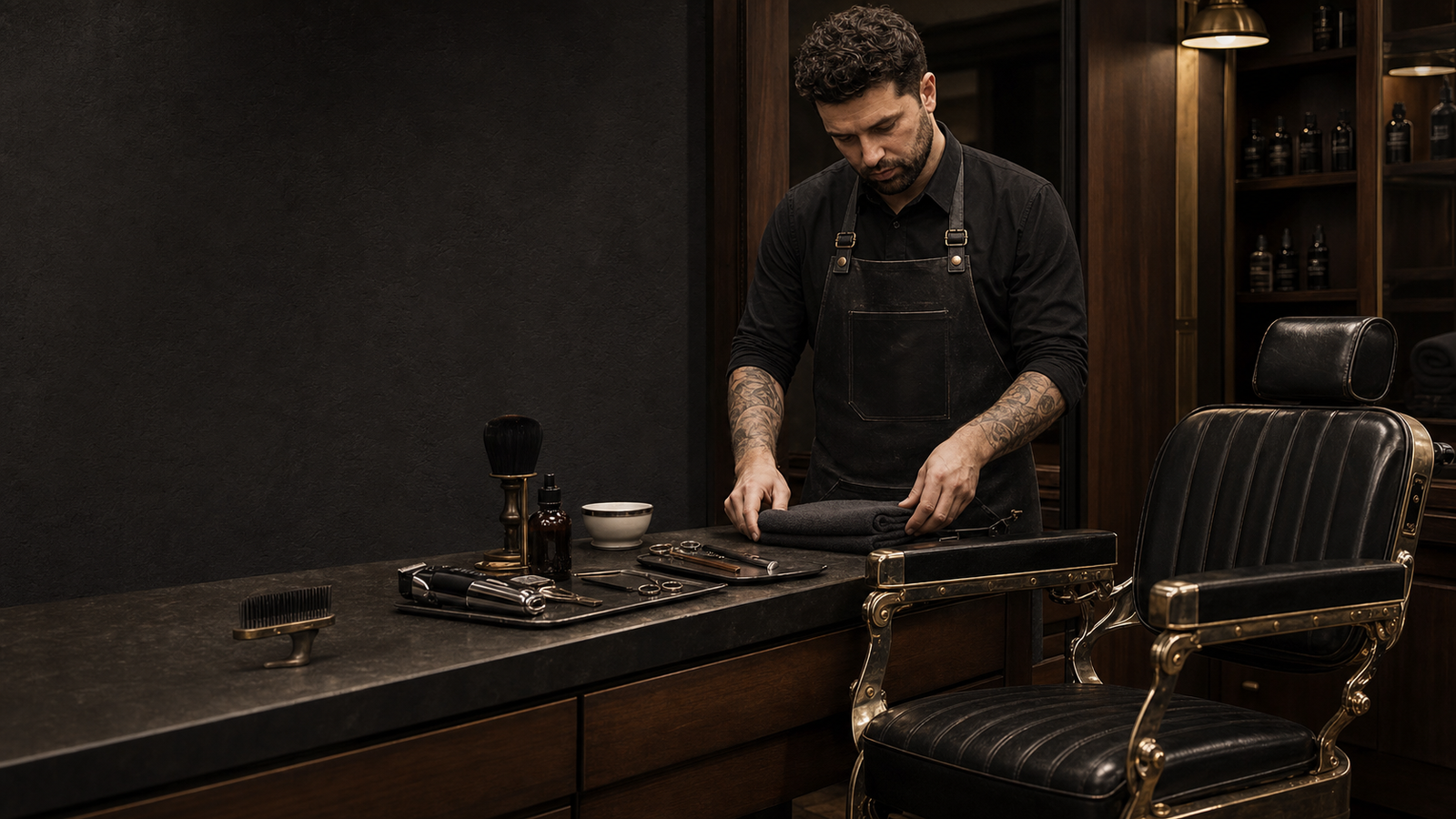 Barber preparing a grooming station beside an empty barber chair.